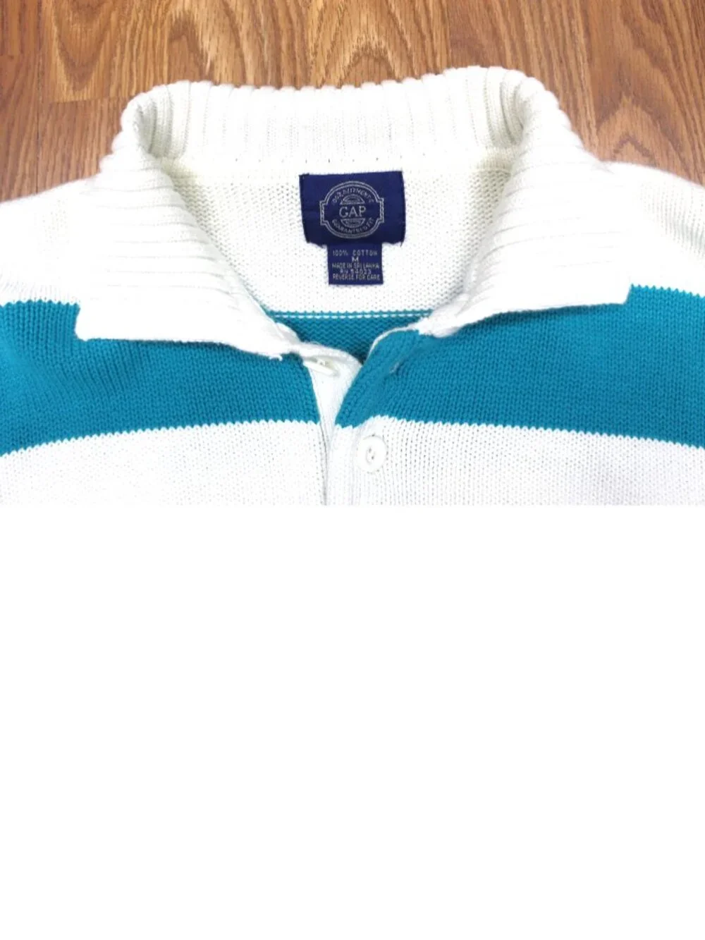 VTG GAP STRIPED POLO SWEATER 100% COTTON WHITE& TURQUOISE MEDIUM, M